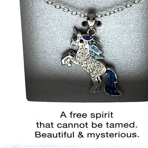 Kohls Blue Crystal Unicorn Pendant Silver Tone Necklace Light Blue 18" Chain Box